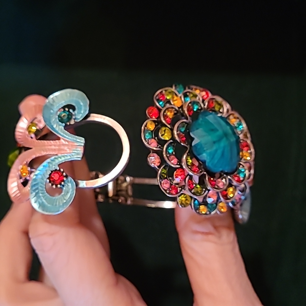 VTG Mardi Gras Mermaid SDLZ Cuff Bracelet Art Deco Floral Rainbow Wrist Clamper - Picture 5 of 12